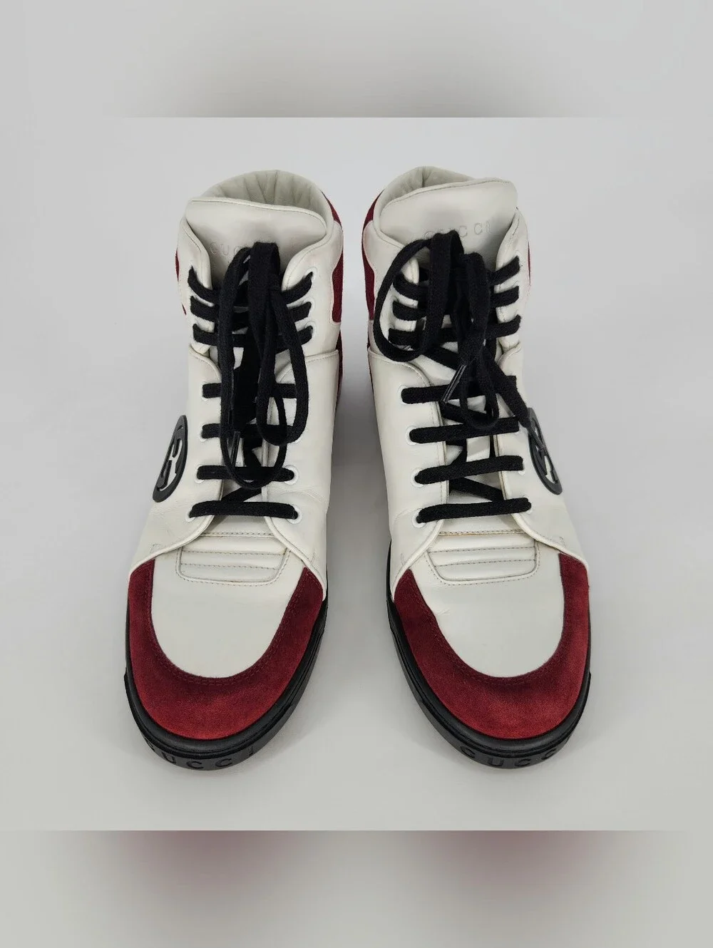 Gucci Men's Hi-Top White Leather & Burgundy Suede Sneakers Size US 9 / UK 8